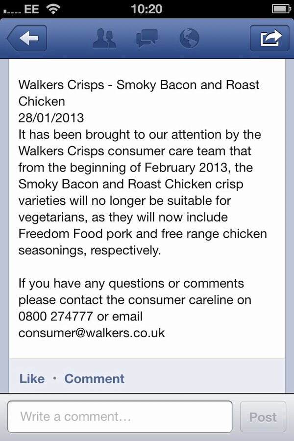 Walkers backtrack on vegan status