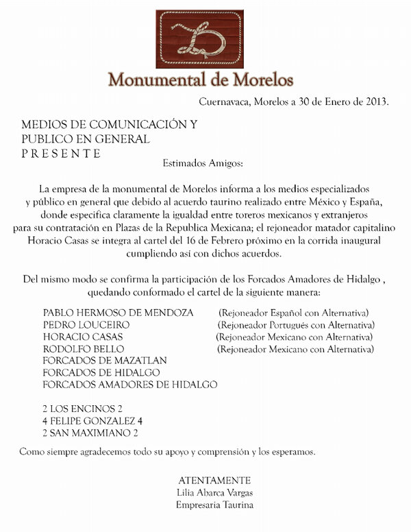 monumentaldemor's tweet photo. Boletín oficial corrida 16 Feb. @Forcadosmzt @ForcadosdeHgo http://t.co/oiFTaHsu