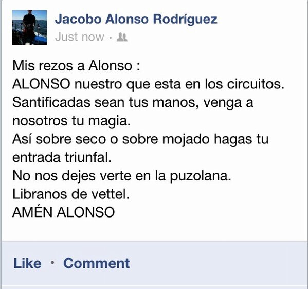 JAJAJA... Buenísimo! Amén! RT“<a href="/JacoboALRO/">Jacobo Alonso Rguez</a>: <a href="/alo_oficial/">Fernando Alonso</a> <a href="/njuancof1/">Nira Juanco</a> <a href="/alobatof1/">Antonio Lobato</a> 

Mi oración a Fernando ”