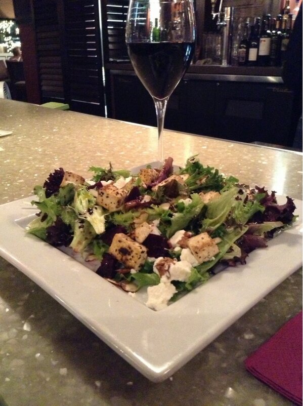 A healthy end to a great wk! House salad with seared tofu - and a glass of our new Wine Pub Pick, Chateau Le Cacheflo.