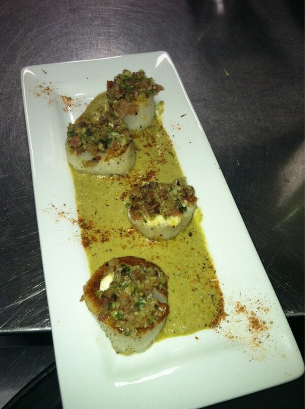 @neuskes bacon crusted scallops with smoked asparagus cream sauce.