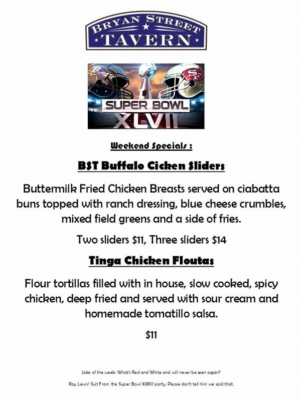 BSTdallas's tweet photo. DELICIOUS FOOD SPECIALS ALL WEEKEND FOR SUPERBOWL!!!!!! http://t.co/GYOB4R89