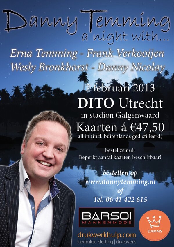 Vanavond optreden in Utrecht met <a href="/dtemming/">Danny Temming</a> <a href="/ErnaTemming/">Erna Temming</a> <a href="/weslybronkhorst/">Wesly Bronkhorst</a> &amp; <a href="/dannynicolay01/">Danny Nicolay</a> Iedereen een fijn weekend!