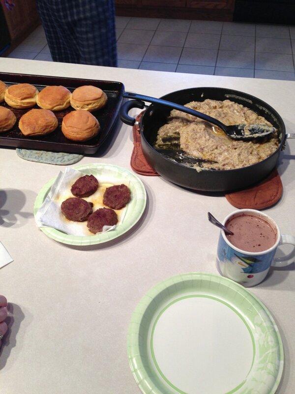 Yummy!!!!!!! #biscuitandgravy #hotchocolate #sausage only bad thing is dad is playing the eagles