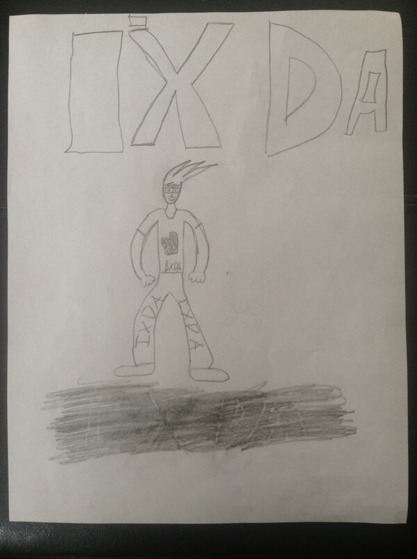 While I was at #ixd13 the boy was sketching out his plans to become a super <a href="/ixda/">IxDA</a> volunteer. The front of his sketch: