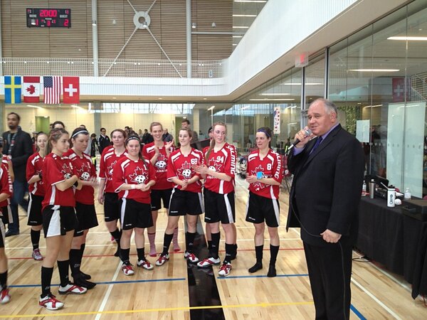 WFCQ's tweet photo. City of Markham Mayor Scarpitti congratulating Team Canada on the win! Great work Team Canada! #floorball http://t.co/GLypKoD7