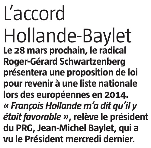 BobLeCentriste's tweet photo. L'accord #Hollande-#Baylet pour un retour au scrutin de listes nationales aux européennes
#JDD #PS #PRG #UE http://t.co/QRwzg9gU