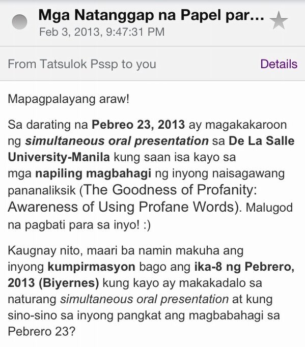 DG08x's tweet image. Got a mail from Tatsulok. GOOD NEWS :-D thank you Lord at napili thesis ko! #ThesisPresentation #Psynergy #Psychology