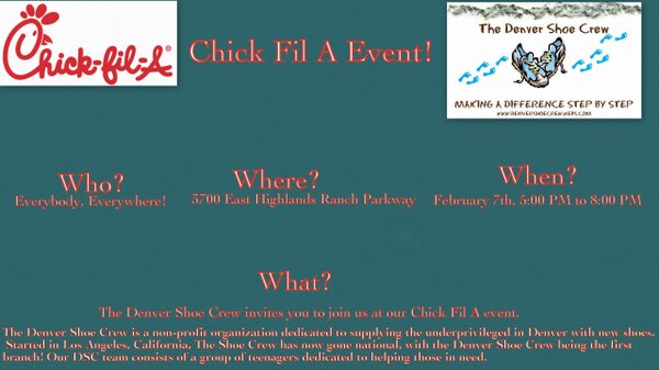 DenverShoeCrew's tweet photo. Hey guys! Go to Chic-Fil-A THIS THURS NIGHT to help the DSC fundraise for shoes! Check out this flyer for more info. 👟 http://t.co/wPuihAtK