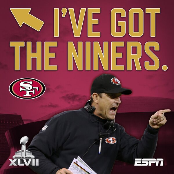 espn's tweet photo. Retweet this image if you’re picking the San Francisco @49ers to win the #SuperBowl. http://t.co/JI3Q1DDx