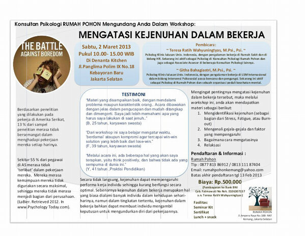 RumahPohon's tweet photo. @hadi_saputro Bored at work? Join us: "Workshop "Mengatasi Kejenuhan dalam Bekerja" (Sat, 2 March 2013) http://t.co/EsZDiBBt