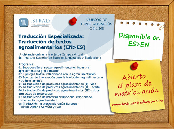 yourverbum's tweet photo. Curso de traducción de textos agroalimentarios disponible en la combinación lingüística ES>EN http://t.co/CMpPDoCn via @ISTRAD_SELM