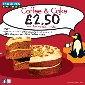 Coffee and Cake for only £2.50 at Esquires Coffee Houses in <a href="/gladesshopping/">intu Bromley</a> centre, Bromley! *Mon-Fri, after 3pm only.