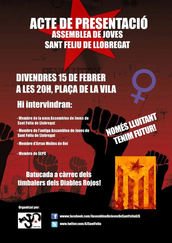 Presentació de l'Assemblea de Joves el divendre 15 de Febrer a les 20h a la Plaça la vila!!! Us hi esperem! Seguirem!