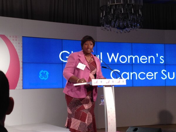 Merck's tweet photo. Dr. Agnes Binagwaho, MOH of Rwanda, thanks us for partnering to help prevent cervical cancer in Rwanda  #WorldCancerDay http://t.co/eID5oX5y