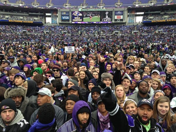 WNST's tweet photo. The @Ravens just posted this picture of the crowd at M&amp;T Bank Stadium. Absolute bedlam downtown today. http://t.co/NeIDymY7