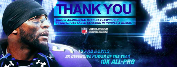 UnderArmour's tweet photo. Under Armour salutes @raylewis for 17 unforgettable seasons in purple & black. #RavensParade #PROTECTTHISHOUSE #IWILL http://t.co/DEzPn6qE