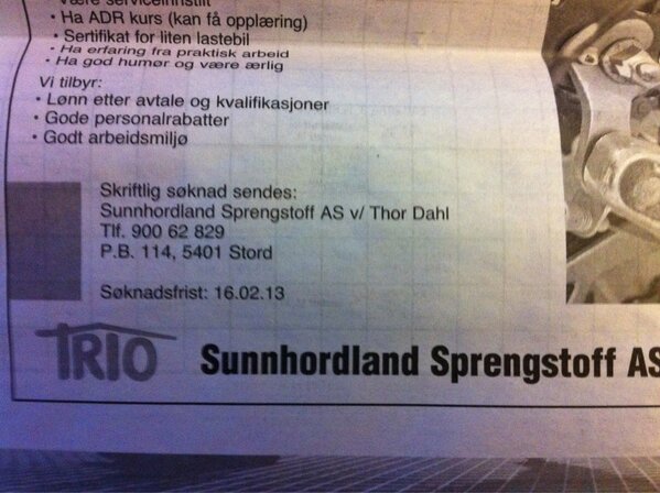 cvika's tweet photo. Sunnhordland SPRENGSTOFF As søker ny medarbeider. Tilbyr gode personalrabatter. http://t.co/qamm6ofn