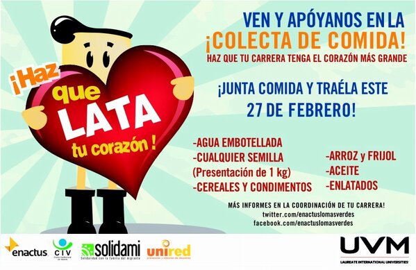 EnactusUVMLV's tweet photo. Amigos la colecta de comida *será el 27 de febrero!!
 QUÉ CARRERA GANARA !? Apoyemos y ayuden a México #UVM
#enactus http://t.co/VImuoNal