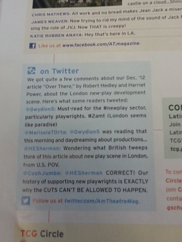 AlterTheater's tweet image. That's #AlterLab PW @MariselaTOrta on pg. 10 of the current @AmTheatreMag  issue (Feb.) along w/ @GwydionS &amp;amp; @HESherman