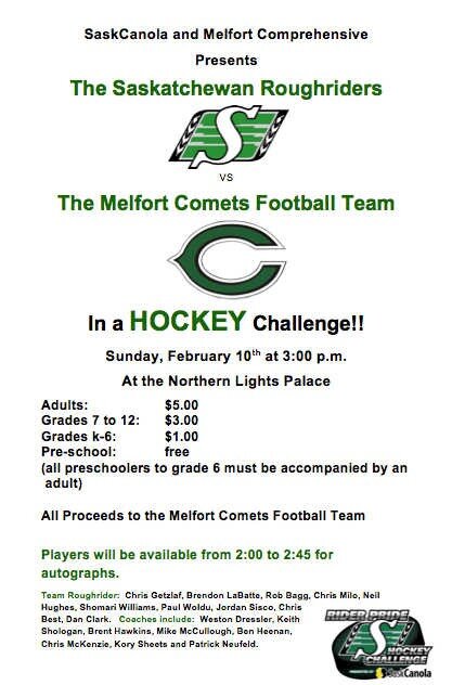 This Sunday The Melfort Comets play The Saskatchewan Roughriders in a hockey game at the Palace. #bringafriend
