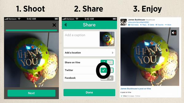 buckhouse's tweet photo. How to share a Vine on Twitter: Do it in the moment, don't wait for later. Here's the 1-2-3. http://t.co/DtId23aG
