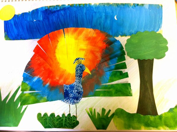meshelllouise's tweet photo. #ericcarle inspired peacock. The kids in my future classroom will love this! #inspiration #visarts13 #colours http://t.co/RvH9b8Nn