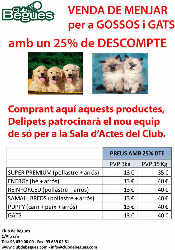 ClubdeBegues's tweet photo. Necessites menjar per al teu gos o gat? Compra'l al @ClubdeBegues, Delipets ens fa un 25% descompte. http://t.co/2zDM7lFD