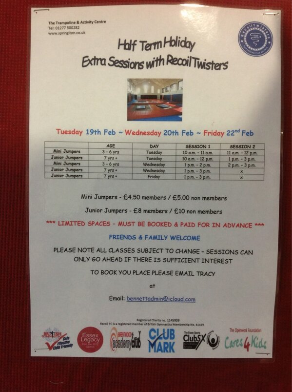 TrampolineCentr's tweet image. Wondering what to do with the kids at 1/2 term? Look no further! We have holiday sessions available@RecoilTwistersTC