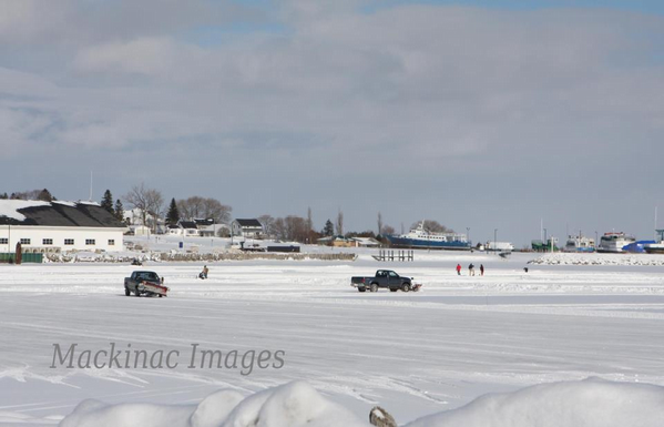 Getting ready for 2013 LaBlat Blue Pond Hockey Tournament on Moran Bay/Lake Huron.