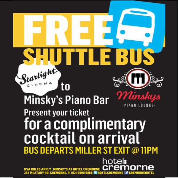 HotelCremorne's tweet photo. Going 2 @starlightcinema 2night? Free bus 2 Minsky's Piano Lounge at Hotel Cremorne. Plus comp drink with yr ticket. http://t.co/33sCN6US
