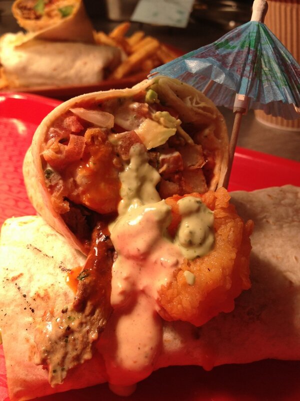 LiquorAndBurn's tweet photo. SPECIAL - SURFIN CALIFORNIA BURRITO - prawns n beef n hot sass n pico n guac chipotle sour cream fries. RT maybe win http://t.co/LgPW2QVs
