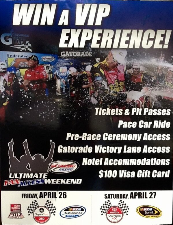 RichmondRaceway's tweet photo. Don't forget to stop by our display at the #NASCARPreview and register to win this awesome VIP experience! http://t.co/KcvIlwX3