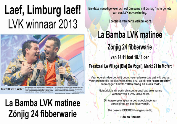Oetnuuediging:  Zónjig 24 fibberwarie La Bamba LVK matinee <a href="/stichtinglvk/">LVK</a> @L11Limburg <a href="/LVK2013/">LVK 2013</a>