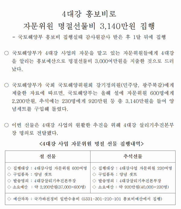 국토해양부는 2011년 설에 4대강 자문위원 600명에게 2,200만원, 추석에 230명에게 920만원 등 3,140만원을 들여 양념세트를 선물했다.