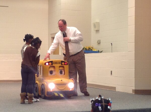 TransNRMS's tweet image. "Buster the Bus" was out today promoting bus safety and PBIS.  He is visiting all NRMPS K-2 students this month.