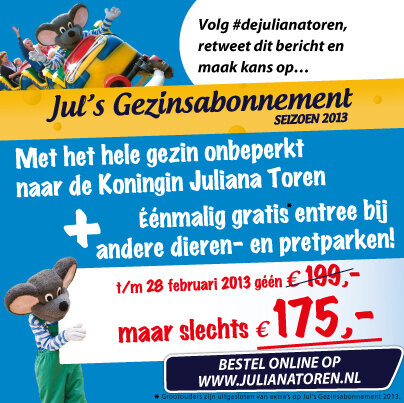 Volg #dejulianatoren, retweet dit bericht en maak kans op Jul's Gezinsabonnement 2013! julianatoren.nl/pretpark/abonn…