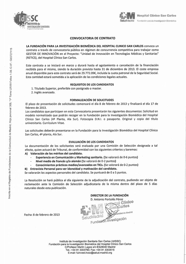 GESIDi's tweet photo. "@juliomayol: Buscamos un "gestor de innovación" para Unidad Innovación de @iclinicomadrid. Esta es la convocatoria http://t.co/IoVM8Khj"