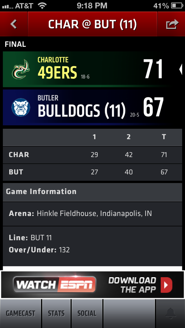 woodyandwilcox's tweet photo. Never mind that Duke/UNC thing...HUGE win for @Charlotte49ers tonight at #11 Butler! #GoCharlotte #CLT http://t.co/6eVJ4470