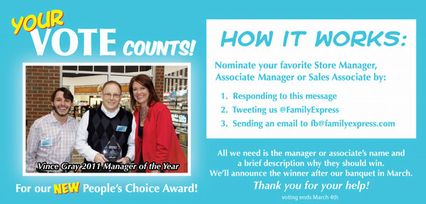 FamilyExpress's tweet photo. Help your favorite FE associate win the People's Choice Award at our Awards Banquet! Nominate your favorite today! http://t.co/yT2atG31