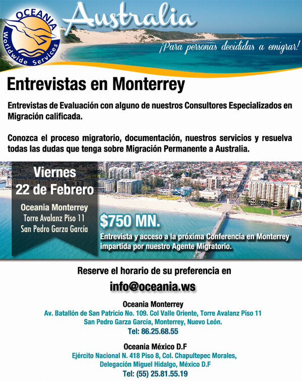 OceaniaWS's tweet photo. Entrevistas en #Monterrey el próximo 22 de Febrero: #Migre, #Viva y #Trabaje en #Australia.  info@oceania.ws http://t.co/FuzvNMTt