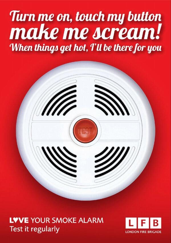 LondonFire's tweet photo. On #Valentines, show some love to your smoke alarm, flirt with it &amp; give the big red button a poke. RT #getturnedon http://t.co/sC9km13z