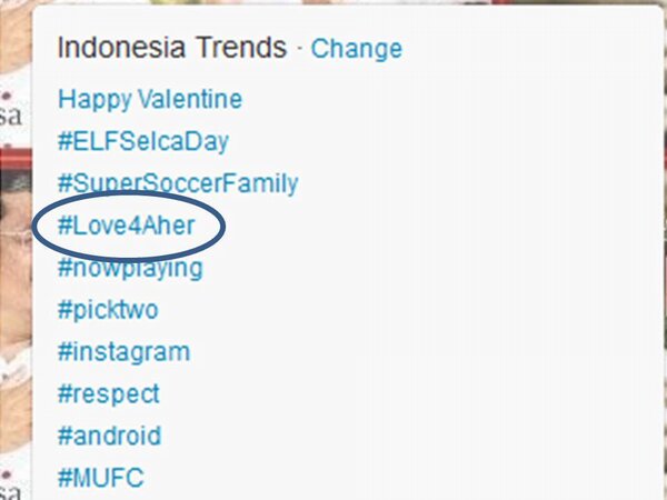 #Love4Aher sudah jadi Trending Topic di Indonesia... Ayo kita lanjutkan jadi TTWW!!!!! <~ Retweet !!!