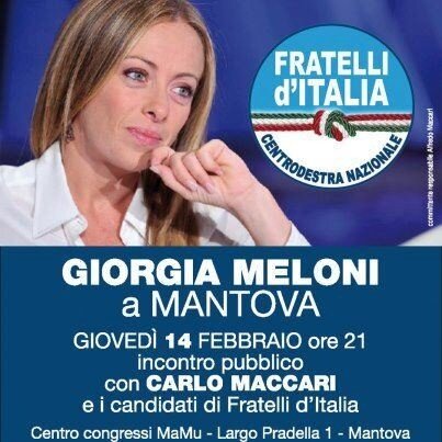 CarloMaccari's tweet photo. Stasera alle 21 a Mantova con @GiorgiaMeloni @FratellidItaIia. Vi aspetto! #senzapaura http://t.co/uAI4SE0q