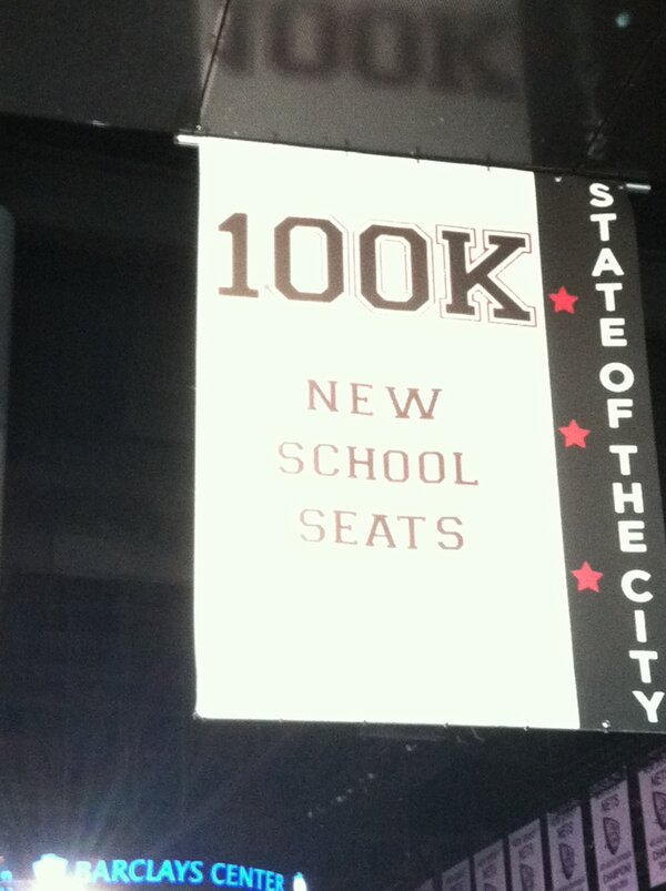 Banner up at <a href="/barclayscenter/">Barclays Center</a> for #SOTC2013: 100,000 new classroom seats have been added in NYC over the last 12 yrs!
