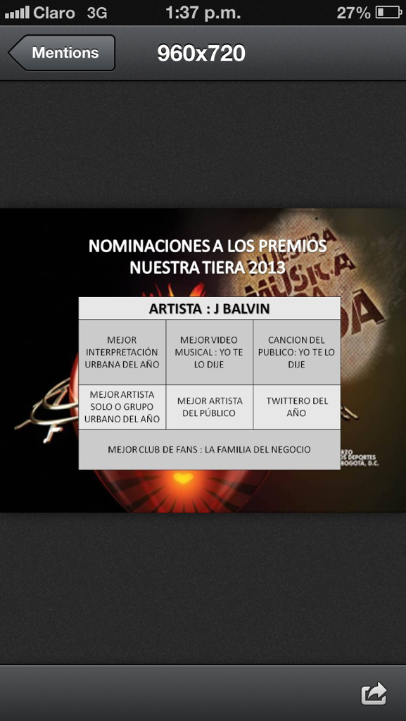JBALVIN's tweet photo. Gracias a todos estamos nominados a 7 #premiosNuestraTierra. 
Gracias a todas las familias. 
Bendiciones!! http://t.co/pQg1w6vD