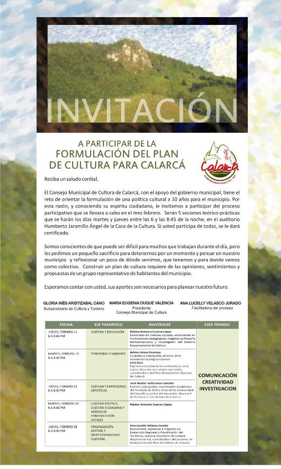 Formulación del Plan de Cultura Calarcá, martes y jueves de febrero, a partir de hoy a las 6 pm en Casa de Cultura
