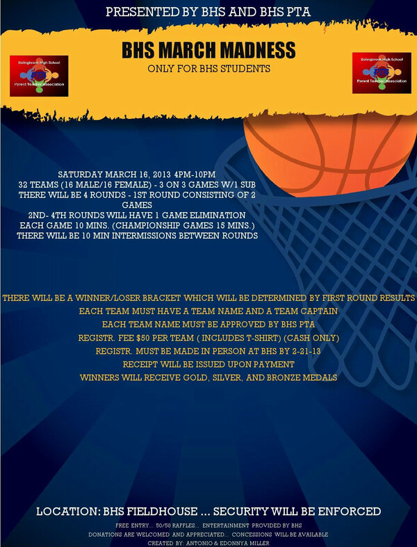 Sign-up  for 3 on 3 Basketball Tourney 
 BHS holds March Madness Tournament - Sign up begins  Feb 19th