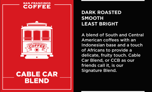 SFCoffee's tweet photo. Cable Car Blend. What does it taste like? http://t.co/jjSEZYoM