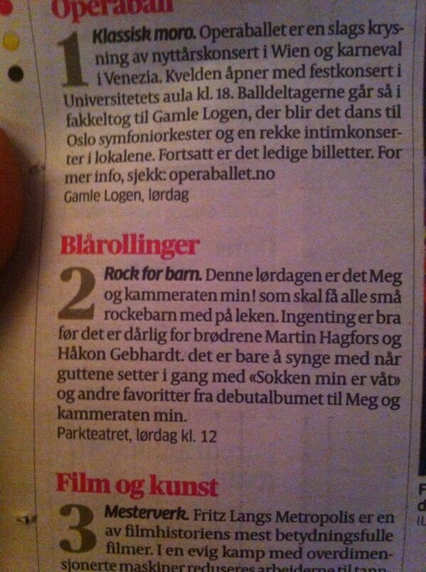 Blarollinger's tweet photo. Topp anbefaling i Aftenposten, men obs! Søndag kl. 12, ikkje laurdag! http://t.co/KNgiMF0X